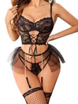 Avidlove Ensemble de Lingerie Sexy pour Femme Porte-Jarretelles Soutien-Gorge Jarretelles 3 Pièces Dentelle sous-Vêtement Culotte à Armatures Body String avec Jupe Mini en Tulle Noir XXL