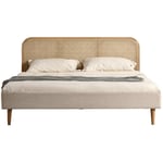 Homifab - Lit adulte 140x190 cm en velours côtelé beige avec tête de lit en cannage - Dalia