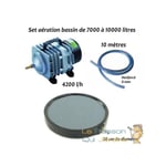 Set aérateur bassin de jardin de 7000 à 10000 l. Pompe à air bassin + 1 bulleur disque 20 cm