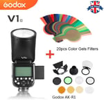 UK Godox V1C TTL 1/8000s HSS Round Head Flash+AK-R1+20pcs Color filter For Canon