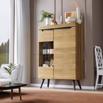 Hauss Sploe - Buffet 90×39,5×135cm, meuble de rangement, meuble haut de cuisine, avec porte vitrée, naturel