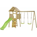 KANGUI Aire de jeux portique en bois WOODI - Double balançoire, toboggan, mur d'escalade, cabane, échelle