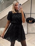 In The Style Perrie Sian Sequin Floral Applique Fit And Flare Mini Dress - Black, Black, Size 6, Women