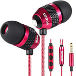 Betron B25 Wired Headphones Earphones with Microphone, Passive Noise Cancelling Earbuds and 3.5mm Headphone Jack, Including Earphone Case and Ear Tips, Red