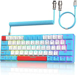 T60 Clavier De Jeu Filaire Avec Câble Usb C Enroulé,Qwerty Mini 60% Compact 62 Key Anti-Ghosting,18 Rétroéclairage Arc-En-Ciel,Clavier Mécanique Linear Red Switch Pour Pc/Mac-Bleu