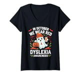 Womens Awareness Ribbon October Wear Red Dyslexia Awareness Ghost V-Neck T-Shirt