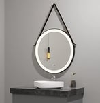 axentia Miroir de Salle de Bain LED, Miroir Rond avec Sangle de Suspension, Noir, Ø env. 60 cm