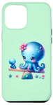 Coque pour iPhone 14 Plus Fond vert avec jolie pieuvre bleue sur balançoire