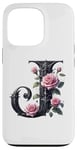 Coque pour iPhone 13 Pro Black Letter J Floral Monogram Initial J Rose Pink Flower