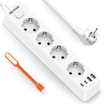 8 en 1 Multiprise avec 4 Ports USB et 4 Prises, Prise Multiple Prise Electrique 4000W 16A avec Interrupteur, Rallonge Multiprise avec Cable 1.8m pour Smartphone,Maison,Bureau-Blanc