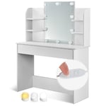 Juskys Coiffeuse Bella avec éclairage LED, Miroir, tiroir et 4 étagères, Coiffeuse cosmétique (Blanc) (108x40x140cm)