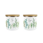 Green Leaves Tea & Sugar Canisters Set - Kitchen Medium Enamel Jars Gift