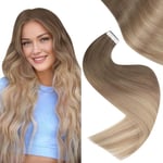 Easyouth Adhesif Extension Cheveux Humains Brun Ombre Extension Adhesive Cheveux Naturel Brun Clair à Cendré et Blond Platine Balayage Tape Extension Cheveux Seamless Lisse 55 cm 50g 20Pcs