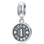 Lucky Penny 1 Coin Charm Pendant, Fit Pandora Necklace Bracelet, 925 Sterling Silver Round Circle Number 1 with Four Leaf Clover Dangle Bead, Gift for Best Friends/Mum/Sister