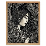 Woman with Crow in a Field Black and White Linocut Art Print Framed Poster Wall Decor 12x16 inch