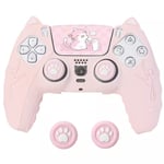 Rosa kattpåtår PS5-kontroll, set med handgrepp, halkfri silikonhölje, skyddande skyddande fodral med joystick Pink