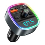 ORIA Bluetooth FM Transmitter, Bluetooth Wireless Radio Transmitter Car, Quick Charge 3.0 USB Charger with 7 LED RGB Colors, Hand Free Calls, Music Playing Supports TF Card, USB Disk