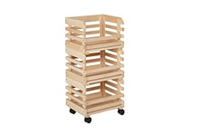 Inter Link - 3 caisses empilables en bois naturel massif - Caisse de rangement sur roulettes, caisse de stockage pour fruits, légumes - Gain de place, pratique et polyvalent - 37 x 30 x 80 cm