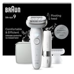 Braun Silk-épil 9 Épilateur avec tête pivotante pour une épilation facile, Wet&Dry, peau lisse et soyeuse, avec tête de rasage et tondeuse, mini rasoir pour le visage, 9-041, blanc/argenté