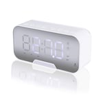 LED Digital Mirror Alarm Clock with Wireless Bluetooth Speaker, Protable Alarm Clock with FM Radio and Phone Holder, Bedside Desktop Mirror Surface Led Alarm Clock for Bedroom Office Travel (White)