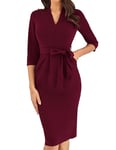 GRACE KARIN Robe Crayon de Cocktail Rétro pour Femme Robe Midi Chic et Élégante avec Ceinture Bordeaux XXL