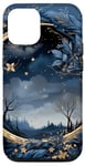 Coque pour iPhone 15 Bleu nuit aquarelle ciel paysage lune