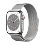 Apple Watch Series 8 GPS + Cellular 45 mm hopea teräs, hopea milanolaisranneke