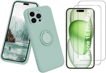 Coque Silicone Pour iPhone 15 Pro Max Couleur Vert Avec Anneau Support + 2 Verre