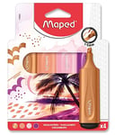 Maped - 4 Surligneurs Fluo'Peps - Pointe Biseautée - Surligneurs Longue Durée - Usage Scolaire et Professionnel - Surligneurs Pastel, Fluos et Encre à Paillettes - Thème Sunset Rose/Violet