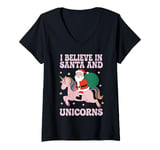 Womens I Believe in Santa And Unicorns Funny Christmas V-Neck T-Shirt