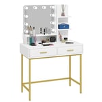 WOLTU Coiffeuse avec Miroir et 10 Ampoules LED, Table de Maquillage avec 2 Tiroirs et 3 Étagères de Rangement, Meuble Chambre Modern en Bois et Métal, 90x45x137cm, Blanc + Doré, MB6090ws