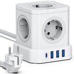 VOOMY Cube Multiprise Prise 9-en-1, 4000 W, avec 5 Prises, 3 USB-A et 1-USB-C, Protection Surtension, Powercube avec rallonge de 2 mètres, Blanc