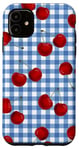 Coque pour iPhone 11 Motif de cerises rouges vichy bleu rétro, thème pique-nique