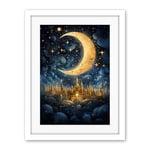 Artery8 Golden City in the Clouds Surreal Artwork Blue Gold Crescent Moon Starry Night Fairytale Artwork Framed Wall Art Print 18X24 Inch