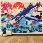 Japanilainen Ukiyo-e Tapestry Wave Sea Koi Seinäkuvio iso Valas Eläin Auringonlasku Maisema Kuvakudos Seinäkoriste Makuuhuoneen Olohuoneeseen (Aalto, L/150cm x 200cm)