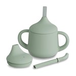 Moonkie Tasse Apprentissage Bebe 3 Etapes, Verre Bebe Apprentissage Anti Fuite, Gobelet Paille Bebe Silicone, Tasse Bébé avec Poignées et Paille, Adapté au Lave Vaisselle 4 oz(Vert Gris)