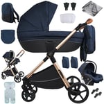 Sianldcone Poussette 3 en 1, Tissus Haut de Gamme Poussette Bebe, Poussoir Bidirectionnel Poussette Avec Cosy, Vision Buverte Poussettes Combinées (H2 Blue)