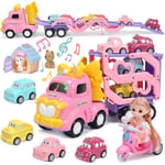 CUTE STONE Ensemble jouets camion rose pour filles, toboggan extra long, véhicule transport pliable avec lumière et son, jolie poupée, 4 voitures à tirer, 1 moto, 2 chiens compagnie, cadeaux princesse