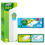 Swiffer Balai Attrape-Poussière Pour Sols,Pack de Recharges, 120 Lingettes Sèches Et 3 Lingettes Humides, Attrape Et Retient 3 Fois Plus De Poussière, Saleté Et Poils Qu’Un Balai Classique