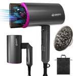 Sèche Cheveux Voyage Pliable Ionique 2200W Seche Cheveux Hair Dryer et Diffuseur & Buse, Restauration du Blu-ray Léger Séchage Rapide Brillance et Cheveux Lisses Les Voyages et La Maison gris