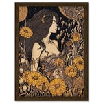 Artery8 Woman in Flower Field Midsummer Night Illustration Artwork Framed A3 Wall Art Print