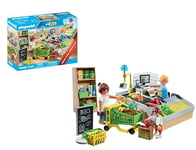 Playmobil 71648 MyLife: Organic Supermarket Promo Pack, including checkout with conveyor belt, shopping trolley, and three figures, detailed play sets suitable for children ages 4+