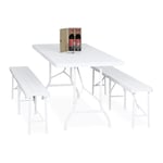 Relaxdays Ensemble Table Pliante et 2 bancs, pour Jardin, pavillon ou Camping, Effet Bois, 180 cm, Blanc