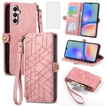 Asuwish Phone Case for Samsung Galaxy A05s Wallet Cover with Tempered Glass Screen Protector and Wrist Strap Leather Flip Zipper Credit Card Holder Stand Cell Accessories Ao5s A 05s Women Men Pink