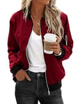 Zeagoo Veste bomber décontractée courte à manches longues pour femme - Fermeture éclair - Veste légère - Automne - Veste mi-saison, rouge bordeaux, M