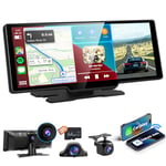 Podofo Radio de voiture portable 10,26" Carplay Android Auto 3 voies caméra HD écran tactile avec navigation/Bluetooth, caméra de recul 2,5 K avant/AHD, émetteur FM/DVR USB/AUX avec carte SD