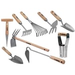 Vito - Kit 9 outils de jardin Manche bois Hêtre Inox et Fer forgés à la main