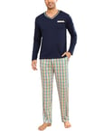 Demegimi Ensemble Pyjamas Coton Homme 2 Pièces Haut et Bas de Pyjama À Carreaux Manche Longue Pantalon Vêtement de Nuit avec Poches