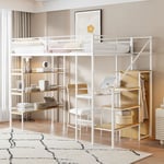 Lit mezzanine 90x200cm - lit enfant avec 3 étagères de rangement, bureau, armoire, échelles avec compartiments - Lit en fer blanc