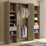 Dressing extensible double bois MERYL 120/180 x 180 cm avec rideau taupe + double penderie + étagères